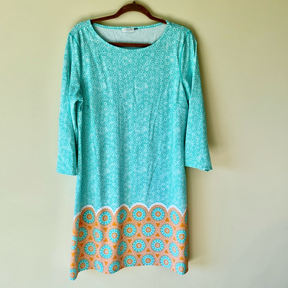 Cabana Life 3/4 Sleeve Sheath Dress - Large - Turquois, White, Orange - NWOT - Picture 1 of 7